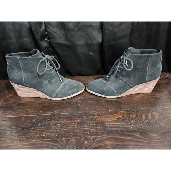 Toms Hyde Black Suede Lace-Up Wedge Ankle Booties Sz 9.5 - Picture 4 of 8